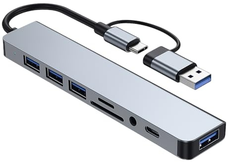 Leloco USB A/C Hub 8 in 1 Multiport Adapter mit SD Kartenleser | Aluminium USB-C Docking Station mit 3.5mm Audio, USB-A/C 3.0 Ports. Kompatibel mit iPhone 16, MacBook, iPad und Windows.