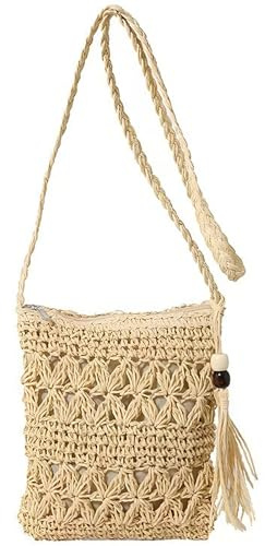 SHYSBV Strohtasche Damen, Boho Umhängetasche aus Naturstroh mit Quaste, Gehäkelte Tasche, Handtasche Tasche, Kleine Handgewebte Strandtasche, für Sommer, Reise & Strandurlaub