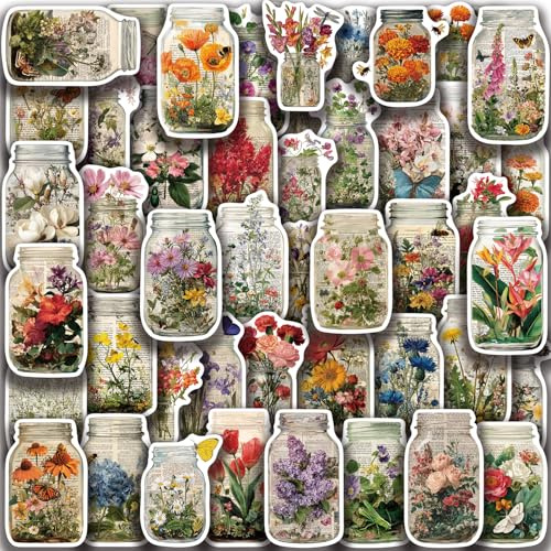 PNGIF Aesthetic Blume in Flasche Stickers 50 Stück, Wasserfeste Graffiti Vintage Fantasy Aufkleber für Journal Scrapbook Fotoalbum Koffer MacBook Laptop Kindle Kühlschrank Skateboard Fahrrad
