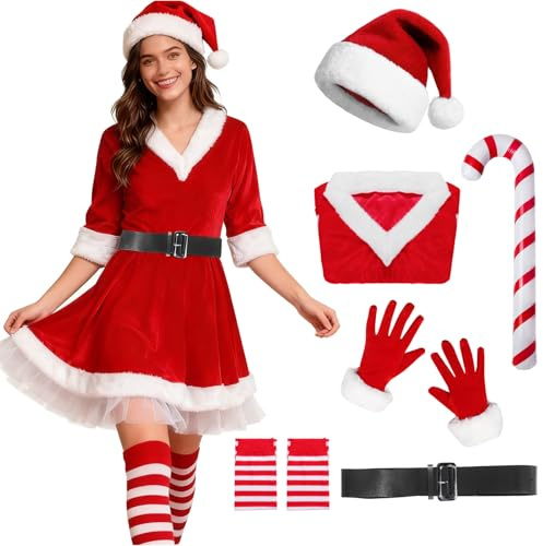 Crittygo Weihnachtsmann Kostüm Damen, Weihnachten Kostüm Set mit Hut Handschuhe Socken, Frauen Nikolaus Kostüm Weihnachts Cosplay