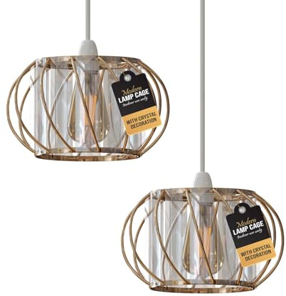 2Pcs Modern Crystal Glass Gold Light Shade Height 10 cm, Width 18cm Easy Fit Metal Hanging Ceiling Pendant Light Fixtures Chandelier Light Fitting Lamp Cage for Hallway Dining Room (Gold)
