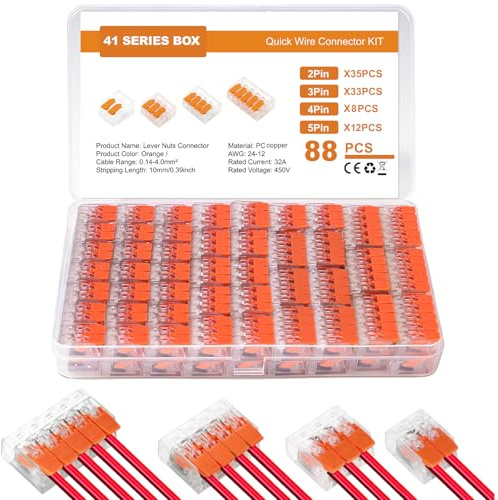 88 Morsetti per cavi elettrici, 2 Poli, 3 Poli, 4 Poli, 5 Poli, Morsetti elettrici con leva di azionamento, Morsetto di collegamento per cavi 0,14 – 4 mm², Morsetto per cavi fissi, 2 – 5 Conduttori