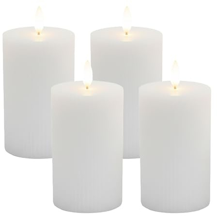 Relaxdays LED Kerzen, 4er Set, HxD: 13 x 7,5 cm, flackernde Flamme, Echtwachs, Rillen, flammenlose Blockkerzen, weiß