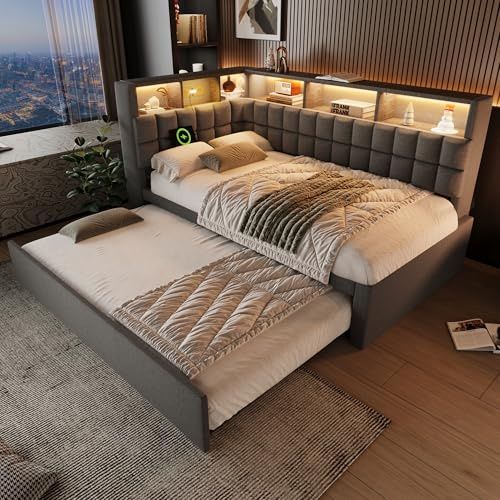 Polsterbett Einzelbett 90x200, LED Tagesbett Schlafsofa mit Ausziehbett&Stauraum Kopfteil&USB Ladeanschluss&Bluetooth-Lautsprecher, Stauraumbett Jugendbett mit Lattenrost, Leinen, Ohne Matratze, Grau