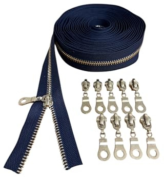 Endlosreißverschluss Metall Silber mit Zipper 5mm Reißverschlüsse meterware (Dunkelblau, 1 Meter + 2 Zipper)