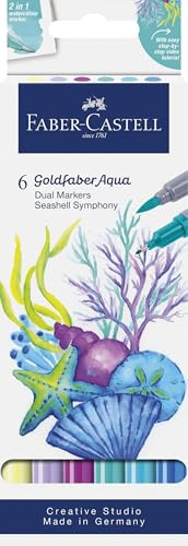 FABER-CASTELL - Goldfaber Aqua Dual Marker Seashell Symphony, 6 Farben | Wasservermalbare Dual Marker mit Pinselspitze und Fineliner für Aquarellmalerei und Lettering