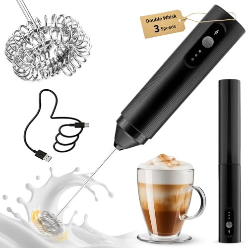 TonJin Rechargeable Milk Frother Handheld with Travel Cover, 3-Speed Adjustable Electric Whisk for Coffee, Latte, Cappuccino, Matcha, Powerful Dual Coil Foam Maker, USB-C Charging Drink Mixer Wand