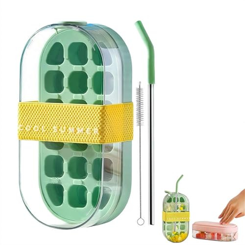 Ice Cubes Bottle with Straw, 2-in-1 Water Bottle Ice Cubes Tray Portable Cube Tray with Straw Leakproof Mold Cup Press Release Silicone Maker for Home Office Outdoor Use