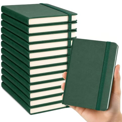 12 Stück A7 Notizbuch Set, Mini Pocket Notizblock mit Kunstleder Einband, 100 Blatt/200 Seiten Liniert, Kleines Taschen Notizbuch mit Gummiband für Schule Büro Arbeit Reisen Tagebuch Notizen (Grün)
