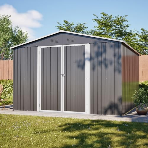 Abri de jardin en acier de 3 x 3 m avec cadre de sol, portes verrouillables et revêtement résistant aux intempéries - Abri de jardin pour arrière-cour, terrasse et pelouse - Gris