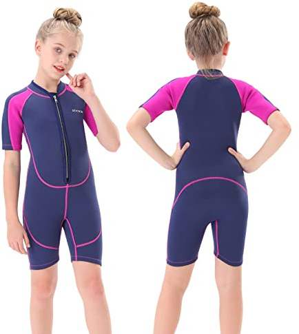 Seaskin Kids Wetsuit for Girls Toddlers, 2mm Front Zipper Shorty Wetsuits, Neoprene Thermal Swimsuits for Diving Surfing Swim Lessons Size 8