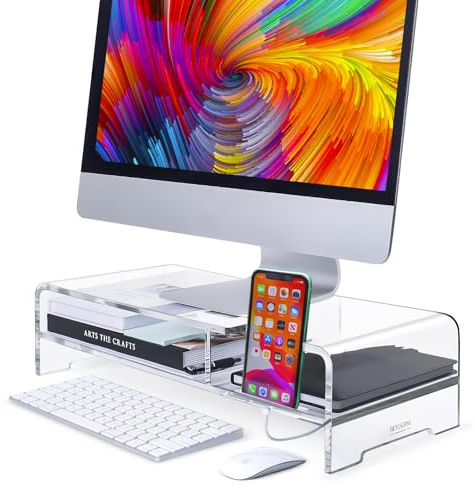 BEYGORM, Acryl-Monitorständer, 2-stöckig mit Ablage, 51 cm breit für volle Tastatur, Schreibtisch-Organizer, Druckerständer, Laptop-Ablage, Bildschirmhalter mit Handyhalter (Transparent)