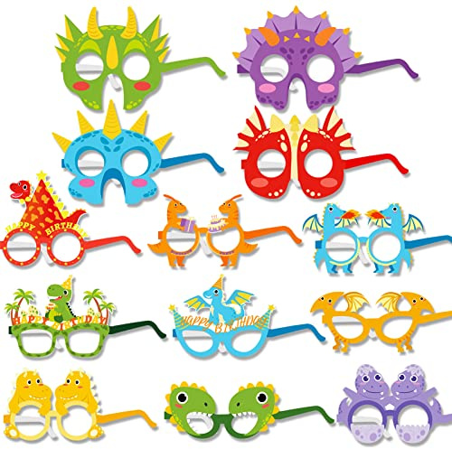 DPKOW 28pcs Lustige Dinosaurier Partybrillen Masken für Kinder, Dinosaurier Papier Partybrillen Fotorequisiten für Junge Kinder Geburtstag Fotobox Zubehör Gastgeschenke