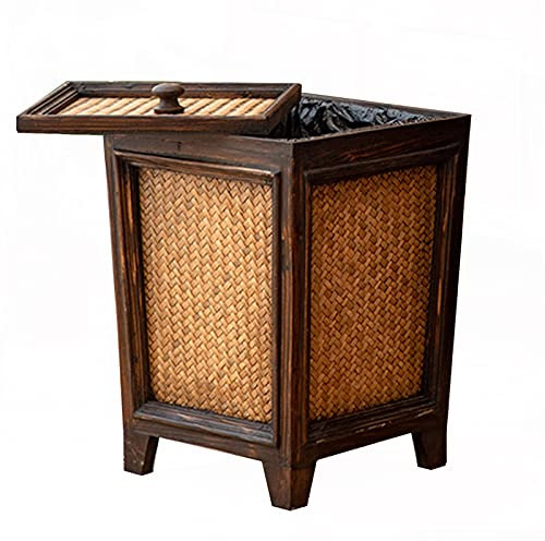 Wooden Rattan Rubbish Trash Can Simple Wastepaper Bin Creative with Lid Waste Paper Basket