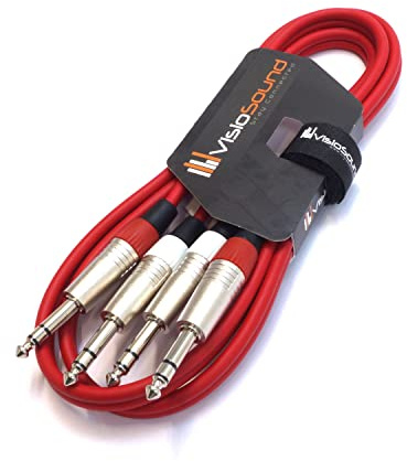 2 x 6.35mm 1/4 Stereo TRS Jack Cable / Balanced Twin Lead (Red, 1.5m) | Noiseless OFC Balanced Signal, Audio, Patch Cable / 5 Colours