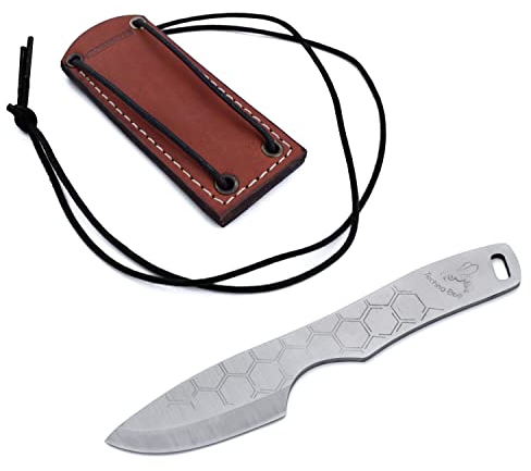 BPSKNIVES Techno Bee - Couteau de Cou en Acier Inoxydable - Couteau à Lame Fixe Squelette avec Étui en Cuir Véritable de Camping à Lame Fixe pour l'Extérieur