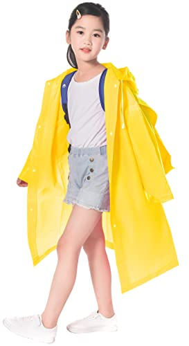Kids Waterproof Rain Coat, EVA Rain Poncho with Hood for Girls Boys, Children Raincoat with School Bag Cover, Toddler Rainwear Rain Jacket Cape for Outdoor Cycling Hiking Camping Climbing (Yellow)