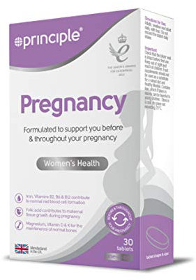 Principle Pregnancy | 30 Tablets | 1 Month Supply | 17 Essential Vitamins & Minerals | Pregnancy Food Supplement | Made in The UK by Principle Healthcare