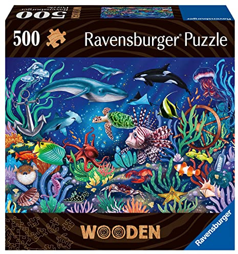 Ravensburger WOODEN Pussel 17515 – längst ner i havet – 500 bitar träpussel för vuxna och barn från 14 år, med stabila, individuella pusselbitar och 40 små träfigurer (whimsies)
