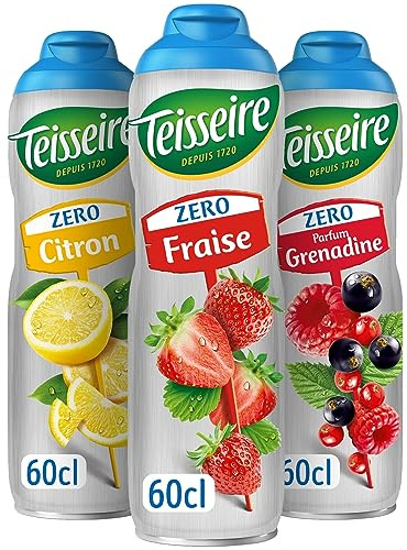 Lot de 3 sirops Teisseire Zéro Sucres (Fraise, Citron, Grenadine) pour Boisson Rafraîchissante, Cocktails, Bidon Recyclable 3x60cl