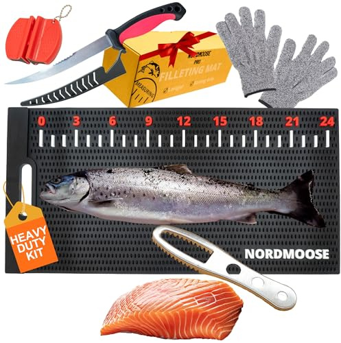 Fish Fillet Mat Kit with Fish Ruler Decal and Fillet Knife, Cutting Gloves. Large 28x14 Nonslip Fish Cleaning Mat that Grips the Fish - Durable & Easy to Clean, Portable Fish Cutting Board