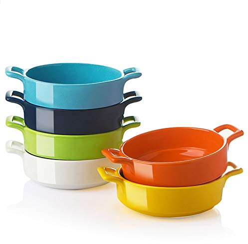 Sweejar Home Ramequines de porcelana de 300 ml, platos redondos de doble asa para hornear, crema brulee, helado, pudín – Juego de 6 (multicolor)