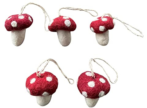 Én Gry & Sif Pilze Glückspilze (5er Set), Herbst Deko Filz, Hand-Made, fair-Trade zum Aufhängen (Fliegenpilze)