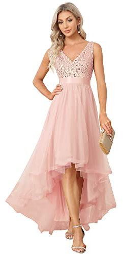 Ever-Pretty Robe Demoiselle d'honneur Femme Longue Paillettes Tulle Col V Asymétrique A Line Brillante Rose Clair 40