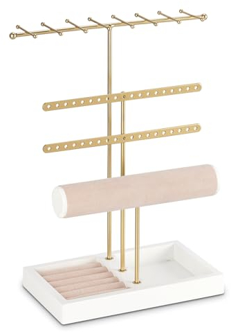 JAZUIHA Schmuckständer Gold - Jewelry Organizer T-Form mit Ohrringhalter, Ringbasis & Armbandständer - Schmuck Aufbewahrung für Ketten, Ringe, Ohrringe & Armbänder