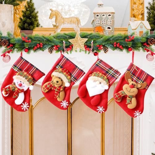 Lot de 4 Chaussette de Noel a Suspendre Personnalisé, Petite Chaussettes de Noël à Remplir Mini Bas de Noël pour Enfant, Chaussettes de Noël à Suspendre pour Décoration Sapin de Noel Cheminée Rouge
