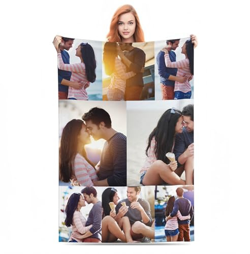 Bbflyper Personalisierte Decke,Fotodecke Individueller mit Foto Collage/Text/Bild,Flanell Decke Selbst Gestalten Foto für Ehemann Paare-8 Foto,150×200 cm