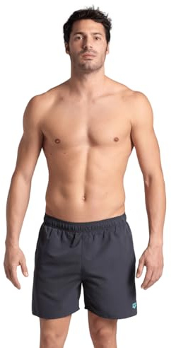 ARENA Men’s Fundamentals Solid Beach Boxer Hook and Loop Back Pocket Inner Brief Quick Dry Athletic Comfort Pool Outdoor Water Sports Swimming, Asphalt Gray/Water Blue, Extra Large