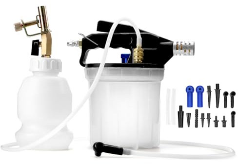 QWORK® Druckluft bremsenentlüftungsgerät für Kfz und Motorrad, 2 L Vakuumpumpe Bremsenentlüfter und 1 L Wiederbefüllbar Druckluftflasche, inkl. Schläuche und Düsen