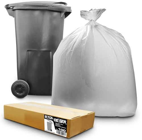 100 Pack | 1 Full Flat Packed Box | RE-GEN 270L 20kg Load Clear Wheelie Bin Liners Refuse Sacks, Everyday Use, Industrial Strength Outside Transparent Garden Bin Bags 760/1145 x 1370mm