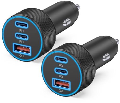 67W USB C Car Charger Super Fast Charging, 2Pack 3-Port 12-24V Car Accessories Phone Cigarette Lighter Adapter with USB C PD&QC 3.0 Fast Charger for iPhone 17 16 15 14 13 12 11 Pro Max, iPad, Galaxy