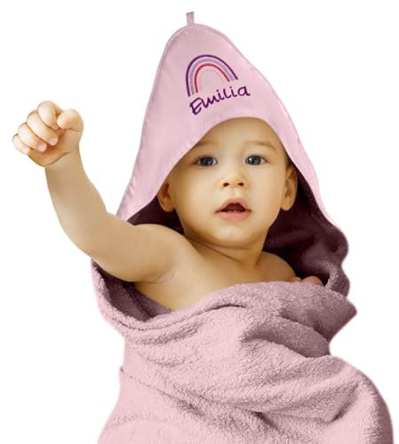 cozy racoon Kinder Kapuzenhandtuch Rosa für Mädchen Bestickt mit Namen oder Wunschtext | Personalisiertes Handtuch mit Kapuze für Kleinkinder und Kinder I Kuscheliges Babyhandtuch (100 x 100cm)
