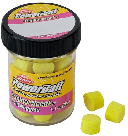 Berkley PowerBait Power Nuggets Fishing Dough Bait, Corn, 1.1 oz, Scented and Flavored Soft Bait for Freshwater Fishing, Designed to Attract Trout, High Visibility