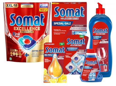 SOMAT 5in1 Caps 42 AW Excellence Premium, schnellauflösende Spülmaschinentabs mit Extra Boost + Klarspüler + Intensiv-Maschinenreiniger + Spezial-Salz + Deo Perls + Maschinenreiniger