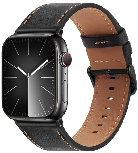 Bisikor Compatible with Apple Watch Strap 38mm 40mm 41mm 42mm(Series 10/11) Genuine Leather Wristband Replacement Strap for iWatch SE Series 11 10 9 8 7 6 5 4 3 2 1 (Black)