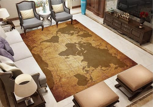 Kinderteppich 3D Wohnzimmerteppich rutschfest Braune Vintage-Weltkarte Teppiche Jungen Und Mädchen Spielteppich Kinderzimmer Teppich Waschbar 80 X 120 cm - Leicht Zu Reinigen -2R1U9H6