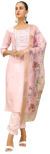 VredeVogel Kurta Set with Dupatta | Silk Blend Kurta Set for Women | Women's Ethnic Casual Kurti Set |Kurta Pant Festive Suit (Pink_Small)