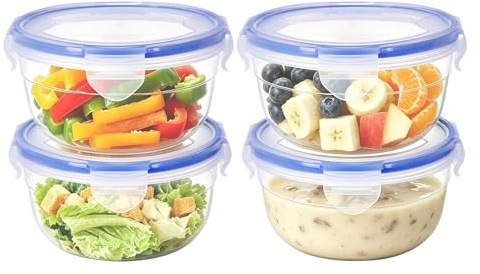 EASYLOCK Set of 4 Bowls, 0.6 L, Plastic Food Storage Containers with Lid, Round, BPA-Free, Freezer Containers, Small, Stackable, Airtight, Dishwasher, Microwave and Freezer Safe (Blue)