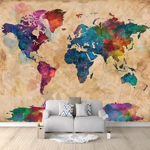 Murales Papel Pintado Salon Mapa Del Mundo Vintage Color 250x175 cm Fotomurales 3D Tejido No Tejido Papel Tapiz Fotográfico Decorativos Murales Dormitorio Oficina Hotel
