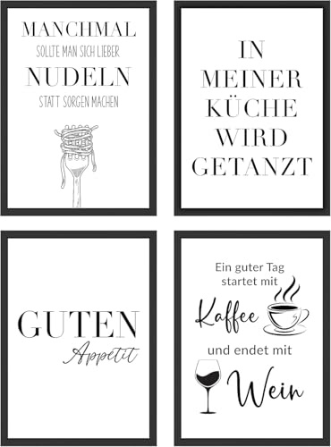 WBdesignz Minimalismus 4er Poster Set - Wanddeko für Küche Wohlfühl-Sprüche Zitate Essen Kaffee Wein Umzug Renovierung Bilderset Kunstdruck Deko (30 x 40 cm, ohne Rahmen)