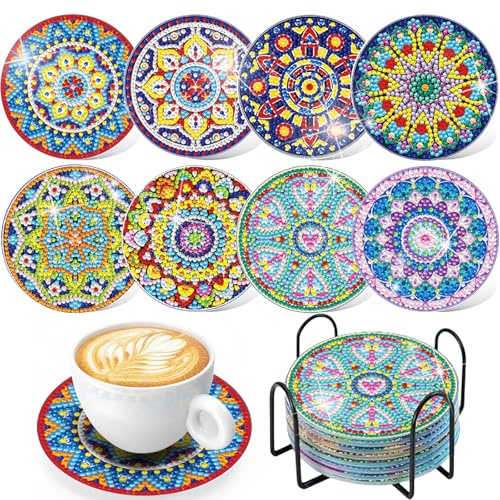 KAOTPO 8 Stück Diamond Painting Untersetzer Mit Halter, Mandala Bastelset DIY Diamant Kunst Untersetzer Kit, Diamant Tassenuntersetzer für Anfänger/Erwachsene (Farben-1)