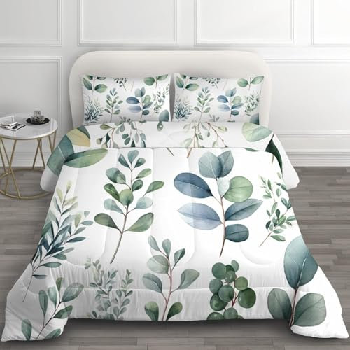 Bettdecke 200x220 Ohne Bezug Nutzbar, Blattblumendruck Bettdecken Waschbar Ganzjahresdecke Grüne Pflanzen 4 Jahreszeiten Steppdecke, Bettzeug Microfaser mit 2 Kissenbezug für Sommer Winter Doppelbett