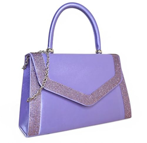 UShopUK Pochette da sera in raso con manico superiore con strass, per matrimoni, feste, Lilla, medium