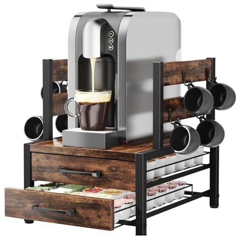 Coffee Pod Organizer- K Cup Holder Drawer Dolce Gusto, 70 Capacity Coffee Pods Holder Storage for K Pods, 2 Tier Sliding Drawer Coffee Machine Stand with 8 Mugs Hooks for Home Office Kitchen Station