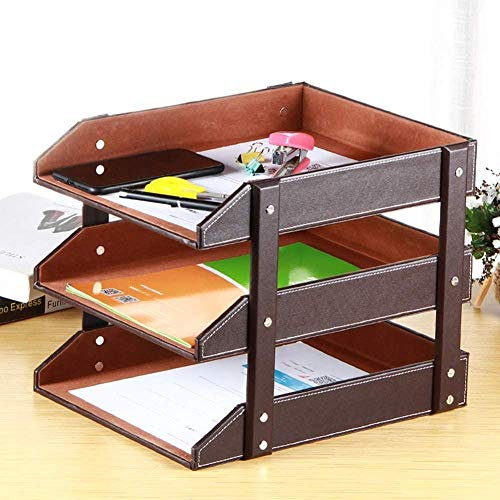 Aktenregale aus Holz, Briefablagen mit 3 Ebenen, abnehmbares Design, PU-Leder, Schreibtischablage, Dokumentenablage, stapelbar, für Zuhause und Büro, Braun