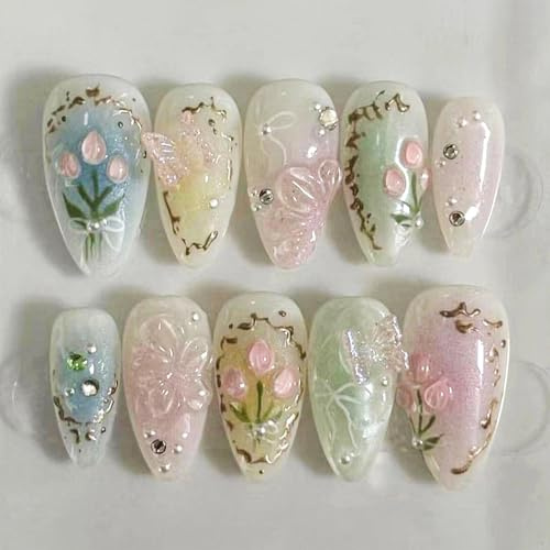 GlamRays 24 Stück Colorful Press on Nails Medium Almond Fake Nails mit 3D Blumen Schmetterling Design, Mehrfarbigem Gradient Acrylnägel, Falsche Nägel, Stiletto